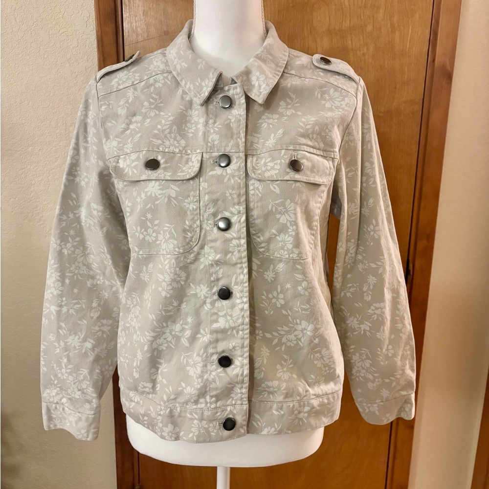 Christopher & Banks Cream Floral Pattern Utility Jean Jacket
